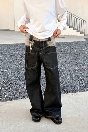 Spliced Arc Silhouette Denim Pants for Men & Women - Trendy High Street Design-Driven Curved Blade Style