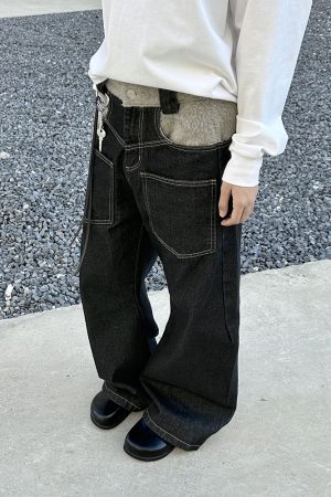 Spliced Arc Silhouette Denim Pants for Men & Women - Trendy High Street Design-Driven Curved Blade Style