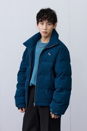 Spliced Corduroy Down Jacket - Trendy 90s-Inspired Outerwear for a Chic Look