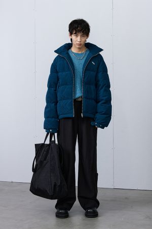 Spliced Corduroy Down Jacket - Trendy 90s-Inspired Outerwear for a Chic Look