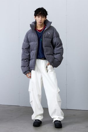 Spliced Corduroy Down Jacket - Trendy 90s-Inspired Outerwear for a Chic Look