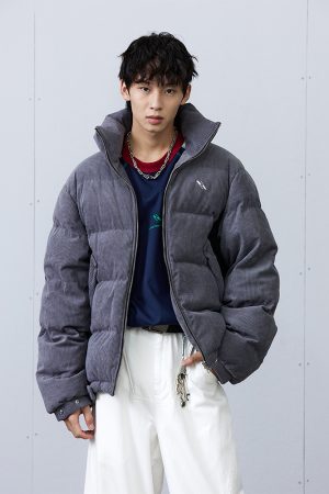 Spliced Corduroy Down Jacket - Trendy 90s-Inspired Outerwear for a Chic Look