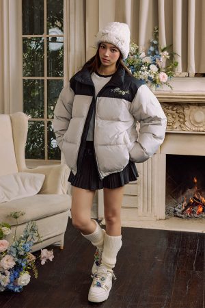 Spliced Green Plant Floral Embroidery Stand Collar Cotton Jacket - American Style Handwritten Letter Movement Fashion Outerwear