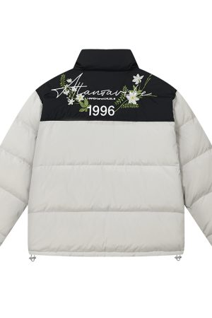 Spliced Green Plant Floral Embroidery Stand Collar Cotton Jacket - American Style Handwritten Letter Movement Fashion Outerwear