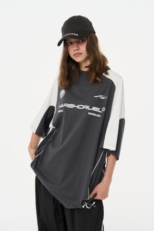 Spliced Street Print Round Neck Short Sleeve T-Shirt for Youth - Trendy Harsh and Cruel Style