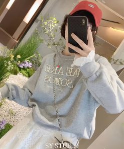 Spring 2025 Heavy Beaded Lace Trim Pullover Sweatshirt and Tulle Skirt Matching Set - Chic Layered Look