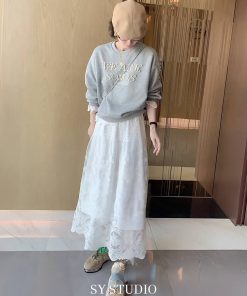 Spring 2025 Heavy Beaded Lace Trim Pullover Sweatshirt and Tulle Skirt Matching Set - Chic Layered Look