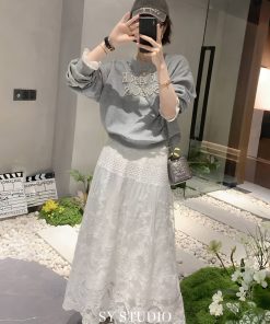 Spring 2025 Heavy Beaded Lace Trim Pullover Sweatshirt and Tulle Skirt Matching Set - Chic Layered Look