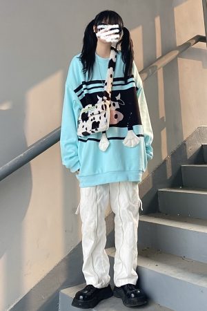 Spring 3D Cow Print Oversized Loose Sweatshirt for Men and Women - Cute Round Neck Unisex Fashion