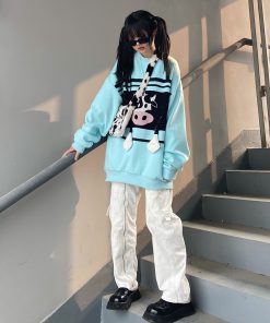 Spring 3D Cow Print Oversized Loose Sweatshirt for Men and Women - Cute Round Neck Unisex Fashion