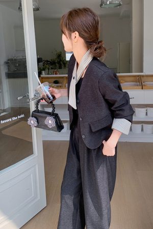 Spring Black Suit and Wide-Leg Pants Two-Piece Set - Stylish Casual Outfit for 2025, Trendy OOTD for Modern Fashion Lovers