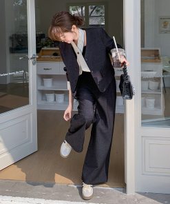 Spring Black Suit and Wide-Leg Pants Two-Piece Set - Stylish Casual Outfit for 2025, Trendy OOTD for Modern Fashion Lovers