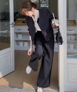 Spring Black Suit and Wide-Leg Pants Two-Piece Set - Stylish Casual Outfit for 2025, Trendy OOTD for Modern Fashion Lovers