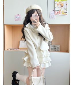 Spring College Style Pudding Bear JK Uniform Coat with Bowknot and Cake Skirt - Women's Half Skirt Fashion in Cute Aesthetic Design