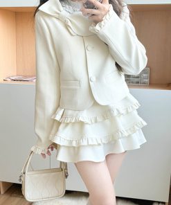 Spring College Style Pudding Bear JK Uniform Coat with Bowknot and Cake Skirt - Women's Half Skirt Fashion in Cute Aesthetic Design
