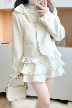 Spring College Style Pudding Bear JK Uniform Coat with Bowknot and Cake Skirt - Women's Half Skirt Fashion in Cute Aesthetic Design
