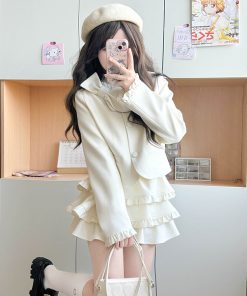 Spring College Style Pudding Bear JK Uniform Coat with Bowknot and Cake Skirt - Women's Half Skirt Fashion in Cute Aesthetic Design