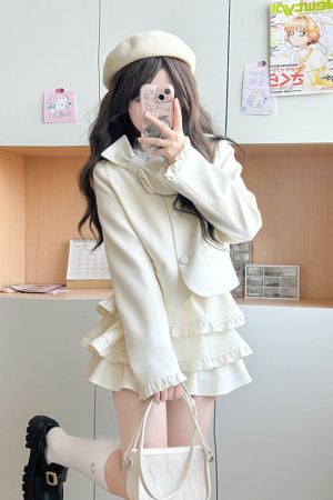 Spring College Style Pudding Bear JK Uniform Coat with Bowknot and Cake Skirt - Women's Half Skirt Fashion in Cute Aesthetic Design