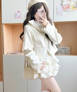 Spring College Style Pudding Bear JK Uniform Coat with Bowknot and Cake Skirt - Women's Half Skirt Fashion in Cute Aesthetic Design