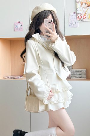 Spring College Style Pudding Bear JK Uniform Coat with Bowknot and Cake Skirt - Women's Half Skirt Fashion in Cute Aesthetic Design
