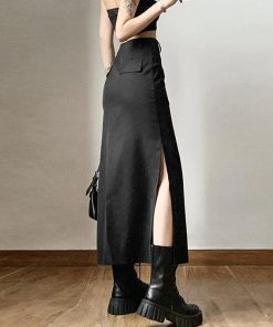 Spring Downtown Outfits, Kawaii Sweater Dress - Dark Academia Side Slit Maxi Skirt