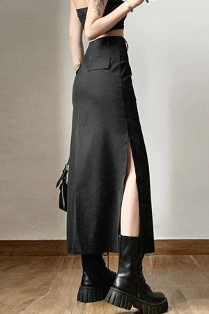 Spring Downtown Outfits, Kawaii Sweater Dress - Dark Academia Side Slit Maxi Skirt