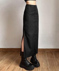 Spring Downtown Outfits, Kawaii Sweater Dress - Dark Academia Side Slit Maxi Skirt