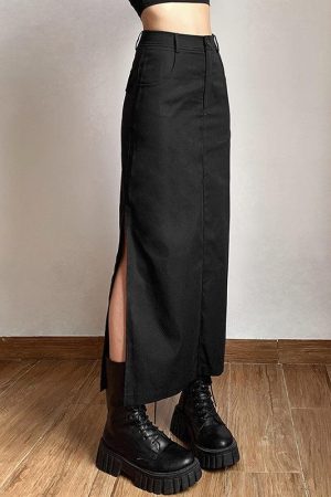 Spring Downtown Outfits, Kawaii Sweater Dress - Dark Academia Side Slit Maxi Skirt