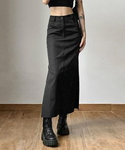 Spring Downtown Outfits, Kawaii Sweater Dress - Dark Academia Side Slit Maxi Skirt