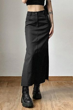 Spring Downtown Outfits, Kawaii Sweater Dress - Dark Academia Side Slit Maxi Skirt
