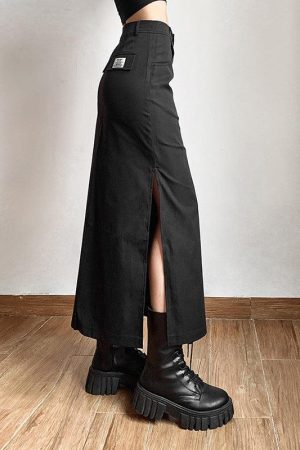 Spring Downtown Outfits, Kawaii Sweater Dress - Dark Academia Side Slit Maxi Skirt
