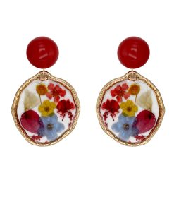 Spring Garden Vintage Burgundy Dried Flower Resin Earrings for Women - Cute Floral Ear Clips Jewelry Gift