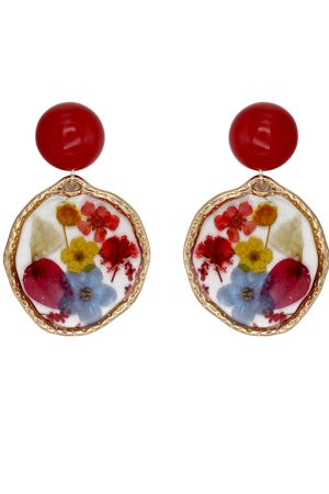Spring Garden Vintage Burgundy Dried Flower Resin Earrings for Women - Cute Floral Ear Clips Jewelry Gift