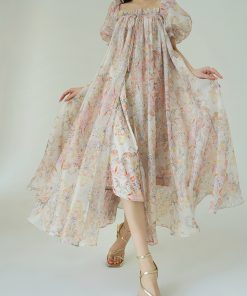 Spring Ode Collection French Romantic Floral Print Large Collar Flared Beach Vacation Dress - Perfect for 90s Inspired Styles