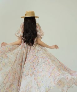 Spring Ode Collection French Romantic Floral Print Large Collar Flared Beach Vacation Dress - Perfect for 90s Inspired Styles