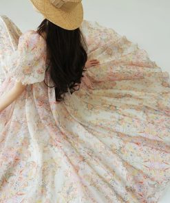 Spring Ode Collection French Romantic Floral Print Large Collar Flared Beach Vacation Dress - Perfect for 90s Inspired Styles