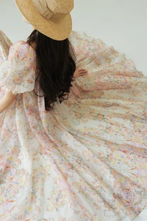 Spring Ode Collection French Romantic Floral Print Large Collar Flared Beach Vacation Dress - Perfect for 90s Inspired Styles