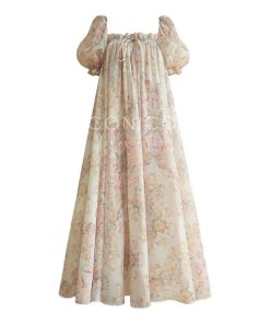 Spring Ode Collection French Romantic Floral Print Large Collar Flared Beach Vacation Dress - Perfect for 90s Inspired Styles