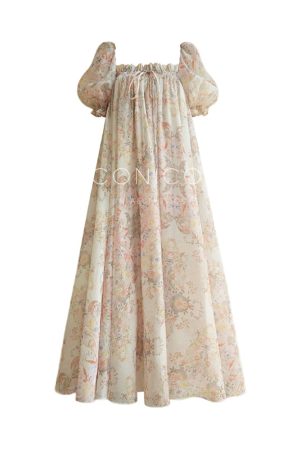 Spring Ode Collection French Romantic Floral Print Large Collar Flared Beach Vacation Dress - Perfect for 90s Inspired Styles