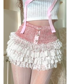 Spring Peach Blossom A-Line Cake Skirt with Pink and White French Lace Ballet Shorts - Floral 90s Inspired Fashion
