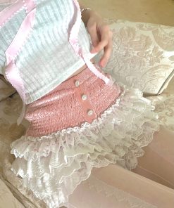 Spring Peach Blossom A-Line Cake Skirt with Pink and White French Lace Ballet Shorts - Floral 90s Inspired Fashion