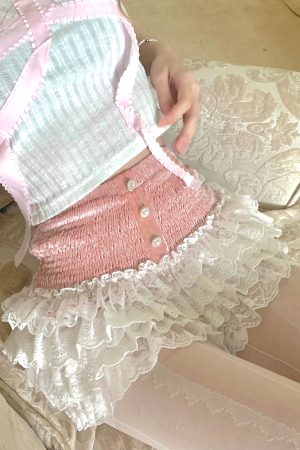 Spring Peach Blossom A-Line Cake Skirt with Pink and White French Lace Ballet Shorts - Floral 90s Inspired Fashion
