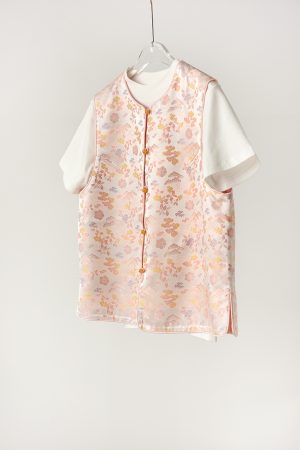 Spring Pink Woven Brocade Vest - Chinese National Style Sleeveless Jacket with Frog Button - Silk Blend for Gentle Temperament