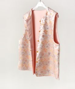 Spring Pink Woven Brocade Vest - Chinese National Style Sleeveless Jacket with Frog Button - Silk Blend for Gentle Temperament