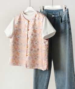 Spring Pink Woven Brocade Vest - Chinese National Style Sleeveless Jacket with Frog Button - Silk Blend for Gentle Temperament