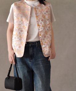 Spring Pink Woven Brocade Vest - Chinese National Style Sleeveless Jacket with Frog Button - Silk Blend for Gentle Temperament