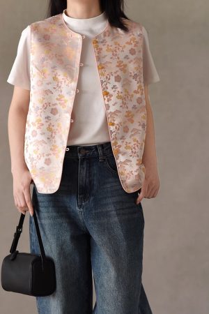 Spring Pink Woven Brocade Vest - Chinese National Style Sleeveless Jacket with Frog Button - Silk Blend for Gentle Temperament