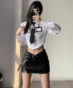 Spring Retro Spicy Girl Mid-Low Waist V-Shaped A-Line Leather Skirt - Trendy Y2K Fashion for a Playful Look