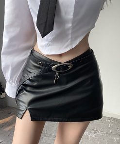 Spring Retro Spicy Girl Mid-Low Waist V-Shaped A-Line Leather Skirt - Trendy Y2K Fashion for a Playful Look