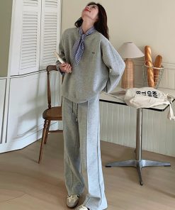 Spring Striped Patchwork Gray Sweatshirt and Wide-Leg Pants Two-Piece Casual Suit for Women - Trendy OOTD Fashion Set